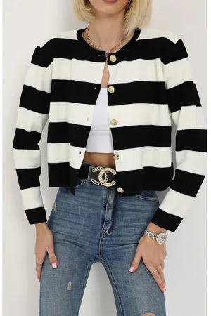 Dewberry 74390 Crew Neck Striped Crop Cardigan-BLACK
