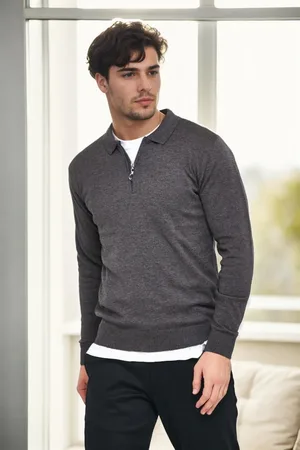 Dewberry 82155 Polo Neck Half Zipper Slim Fit Mens Sweater-GREY