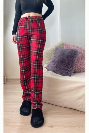 Dewberry 17947 Plaid Checkered Cotton Velvet Pyjama Bottoms-RED-BLACK