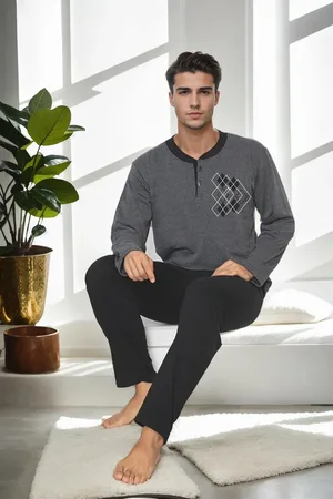 Dewberry J3084 Mens Two Thread Thick Long Sleeve Pyjama Set-GREY