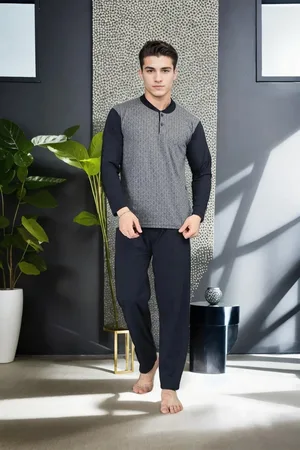 Dewberry J2542 Mens Jacquard Pyjama Set-GREY