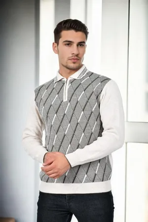 Dewberry 29477 Zippered Polo Collar Mens Sweater-STONE