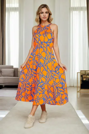 Dewberry E7818 Womens Floral Patterned Dress-ORANGE
