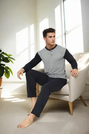 Dewberry J2580 Mens Jacquard Pyjama Set-GREY