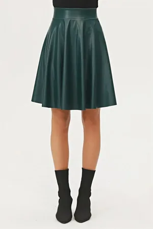 Dewberry 88854 Flared Faux Leather Skirt-PETROL