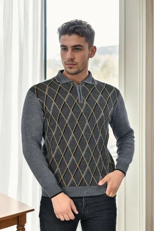 Dewberry 29477 Zippered Polo Collar Mens Sweater-GREY