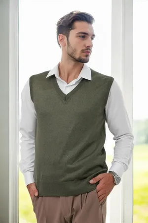 Dewberry 90829 V Neck Sleeveless Knit Mens Sweater-NEFTİ