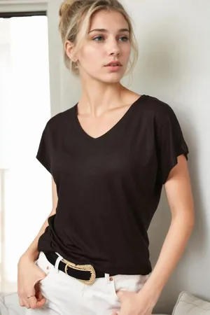 Dewberry 77002 V-Neck Basic Women T-Shirt-BLACK