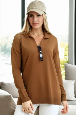 Dewberry 83295 Polo Neck Long Sleeve Slit Sweater-BROWN