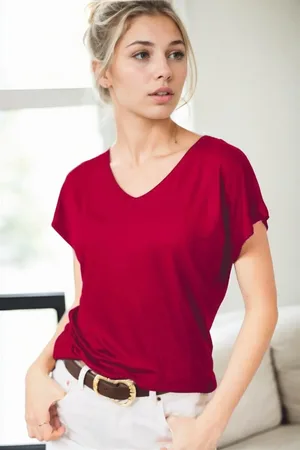 Dewberry 77002 V-Neck Basic Women T-Shirt-BURGUNDY