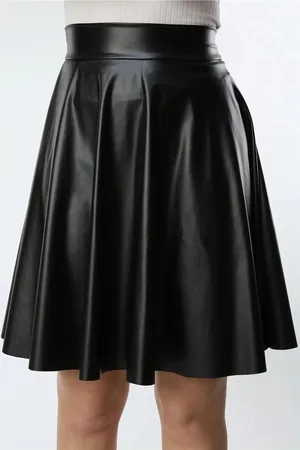 Dewberry 88854 Flared Faux Leather Skirt-BLACK