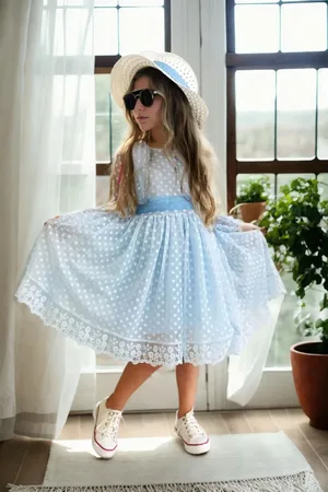 Dewberry N8712 Princess Model Girls Dress with Hat & Lace-BLUE