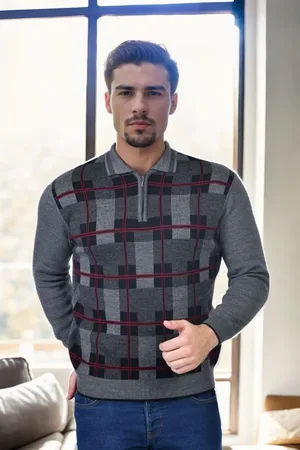 Dewberry 29496 Zippered Polo Neck Mens Sweater-GREY