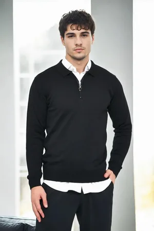 Dewberry 82155 Polo Neck Half Zipper Slim Fit Mens Sweater-BLACK