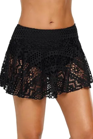 Dewberry 85394 Lace Skirt Bikini Bottom-BLACK