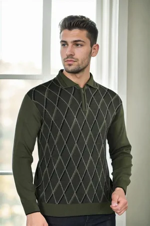Dewberry 29477 Zippered Polo Collar Mens Sweater-Khaki
