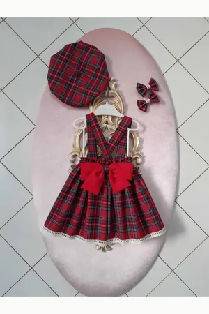 Dewberry N7995 Baby Plaid Salopette Dress & Hat & Buckle Set-RED