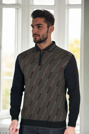 Dewberry 29477 Zippered Polo Collar Mens Sweater-BLACK