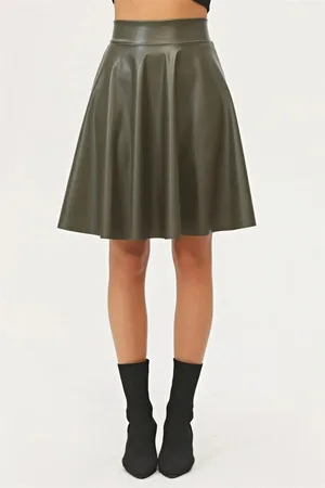 Dewberry 88854 Flared Faux Leather Skirt-Khaki