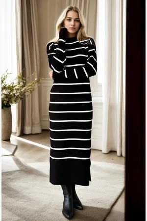 Dewberry Z3059 Womens Striped Long Sleeve Knitwear Dress-BLACK