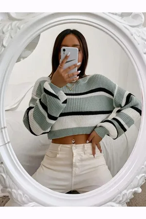 Dewberry 49425 Striped Knit Crop Women Sweater-LIGHT GREEN