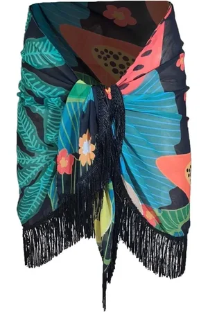 Dewberry 43272 43272 Patterned Pareo with Tassels-BLACK-ORANGE