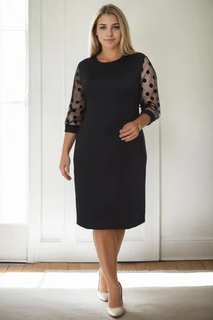 Dewberry 97062 Polka Dot Flocked on Sleeves Plus Size Dress-BLACK