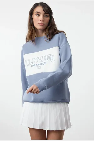 Trendyol Light Blue Color Blocked Slogan Printed Oversize Fit Thick Inside Fleece Knitted Sweatshirt