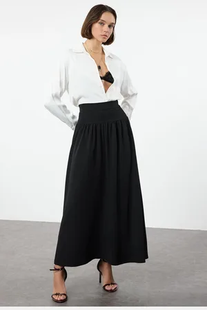 Trendyol Black Corset Detailed Pleated Maxi Flared Flexible Skirt