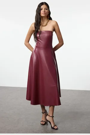 Trendyol Dark Cherry A-Line Faux Leather Strapless Knitted Chic Evening Dress