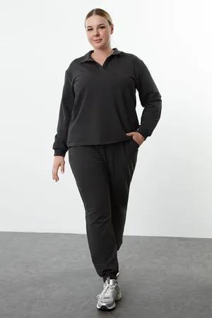 Trendyol Curve Anthracite Polo Collar Elasticated Thin Knit Plus Size Tracksuit