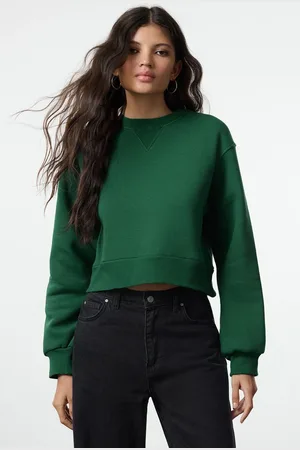 Trendyol Green Thick Fleece Relaxed/Wide Fit Crop Basic Knitted Sweatshirt