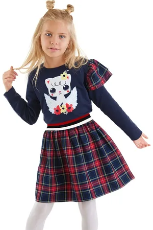 Denokids Winged Cat Girl Navy Blue Plaid Dress