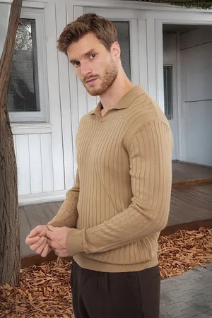 Trendyol Camel Slim Slim Fit Polo Collar Plain Knitwear Sweater