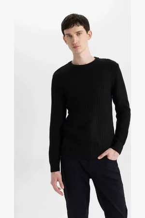 DeFacto Black Standard Fit Regular Cut Crew Neck Jacquard Aviator Knitwear Sweater