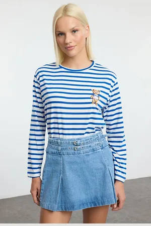 Trendyol Navy Blue*001 Bear Embroidered Relaxed/Comfortable Pattern Long Sleeve Knitted T-Shirt