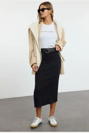 Trendyol Black Body-Fitting Elastic Waist Midi Normal Waist Slit Pencil Skirt
