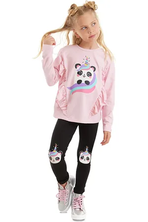 Denokids Panda Unicorn Dívčí Dětské Tričko a Legíny Sada