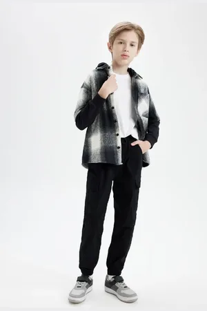 DeFacto Boys Cargo Pocket Drawstring Waist Elastic Leg Pocket Black Jogger Gabardine Trousers