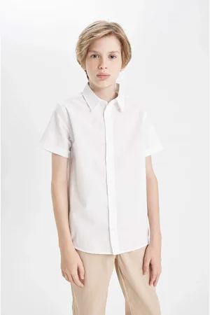 DeFacto Boys Polo Collar Poplin Short Sleeve Basic Plain White School Shirt
