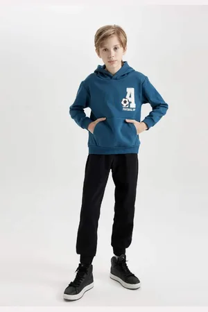 DeFacto Size 2-Piece Set Printed Hooded Kangaroo Pocket Sweatshirt Jogger Sweatpants