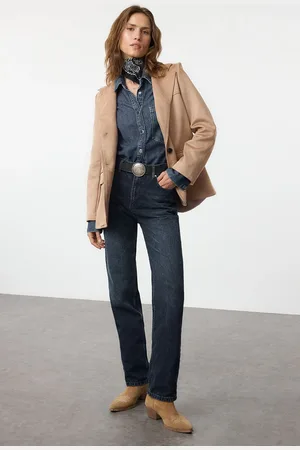 Trendyol Dark Blue High Waist Long Straight Jeans