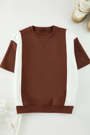 Trendyol Brown-Ecru Oversize/Wide Cut Color Blocked Thick T-shirt with Inside Raised Hem