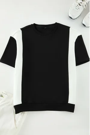 Trendyol Black-Ecru Oversize/Wide Cut Color Block Thick T-shirt with Inside Raised Hem