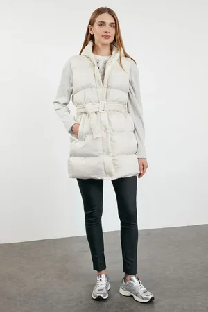 Trendyol Ecru Oversize Hooded Belted Water Repellent Winter Puffer Vest