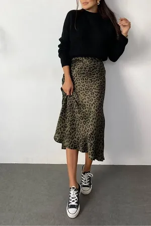 Dewberry 68223 Leopard Pattern Satin Midi Length Skirt-BLACK-KHAKI