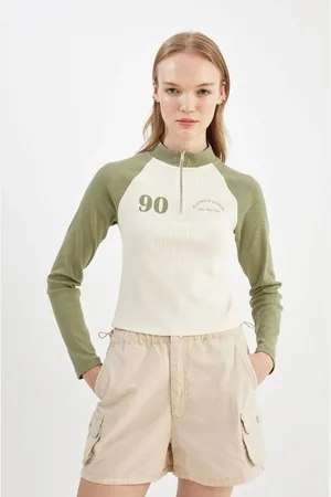 DeFacto Coool Fitted Ribbed Camisole Half Zipper Stand Collar Color Block Printed Long Sleeve T-Shirt