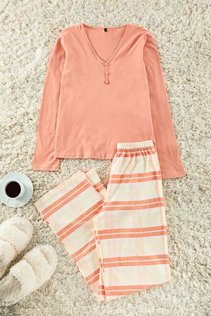 Trendyol Salmon 100% Cotton Plaid Tie and Button Detailed Knitted Pajama Set