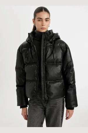 DeFacto Water Repellent Faux Leather Jacket Hooded Inside Polar Fleece Zippered Pocket