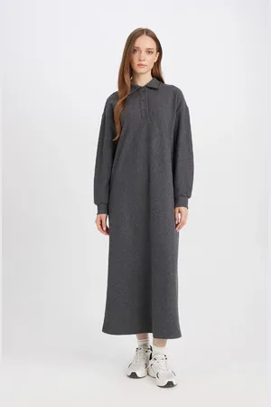 DeFacto Buttoned Polo Collar Basic Plain Long Sleeve Thessaloniki Fabric Maxi Knit Dress